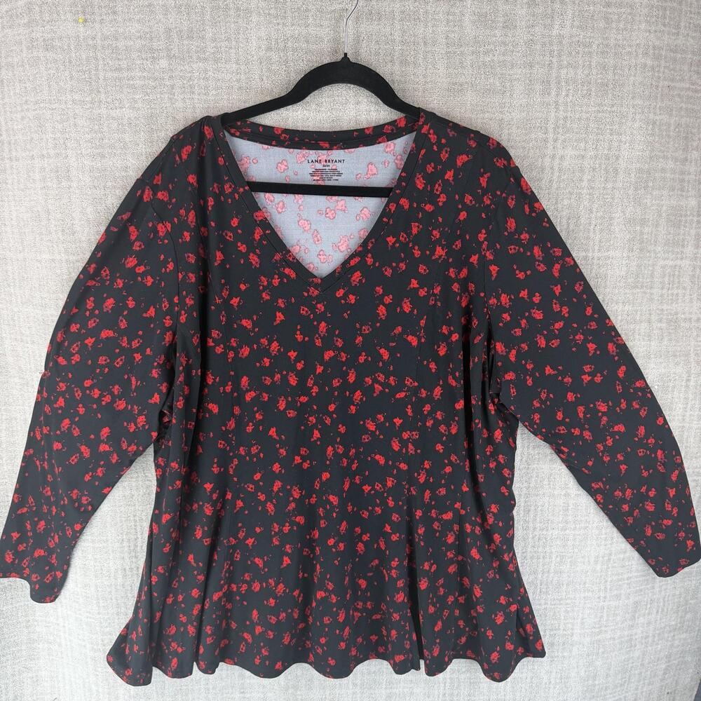 Lane Bryant Blouse Womens 22/24 Black Tunic V-Neck Floral Stretch Jersey
